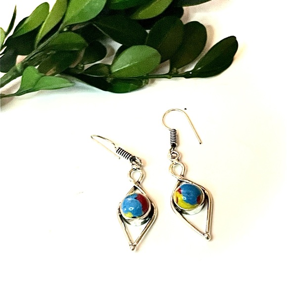 New Artisan Yellow Pink Blue Mosaic Jasper Sterling Silver Minimalist Earrings - Picture 5 of 11